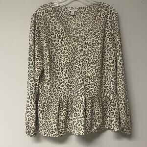 Nine West V-Neck Leopard Print Peplum Long Sleeve Blouse Top Womens Size Large